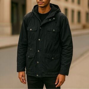 THE HUNDREDS Zip and Button Front Hooded Utility Field Jacket
